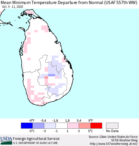 Sri Lanka Minimum Temperature Departure From Normal (USAF 557th WW) Thematic Map For 10/5/2020 - 10/11/2020