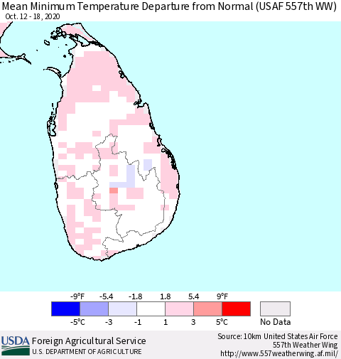 Sri Lanka Mean Minimum Temperature Departure from Normal (USAF 557th WW) Thematic Map For 10/12/2020 - 10/18/2020