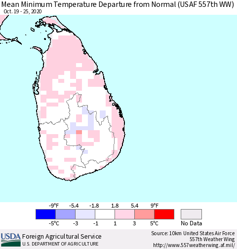 Sri Lanka Minimum Temperature Departure From Normal (USAF 557th WW) Thematic Map For 10/19/2020 - 10/25/2020