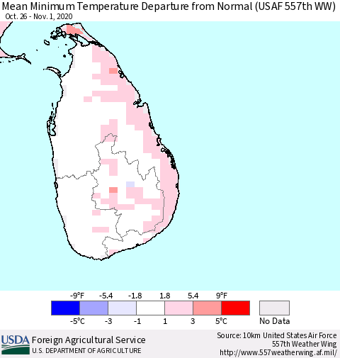 Sri Lanka Mean Minimum Temperature Departure from Normal (USAF 557th WW) Thematic Map For 10/26/2020 - 11/1/2020