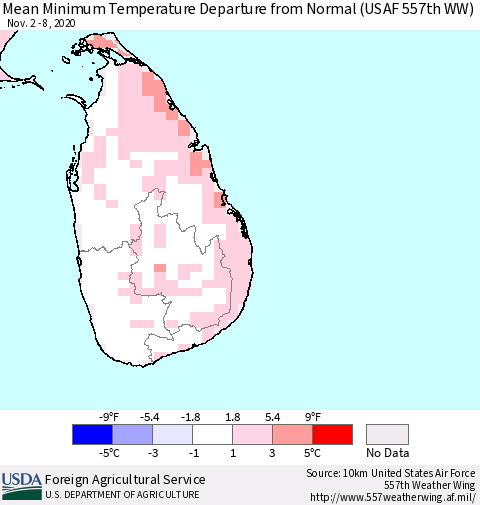 Sri Lanka Minimum Temperature Departure From Normal (USAF 557th WW) Thematic Map For 11/2/2020 - 11/8/2020