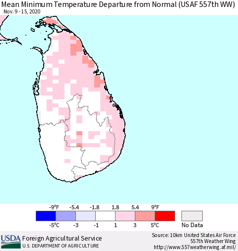Sri Lanka Minimum Temperature Departure From Normal (USAF 557th WW) Thematic Map For 11/9/2020 - 11/15/2020