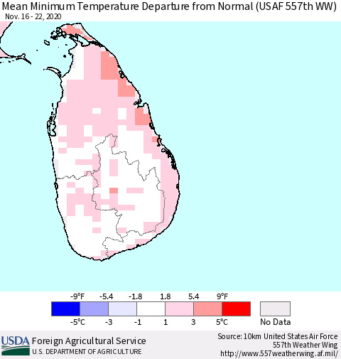 Sri Lanka Mean Minimum Temperature Departure from Normal (USAF 557th WW) Thematic Map For 11/16/2020 - 11/22/2020