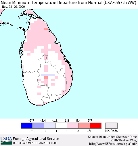 Sri Lanka Minimum Temperature Departure From Normal (USAF 557th WW) Thematic Map For 11/23/2020 - 11/29/2020