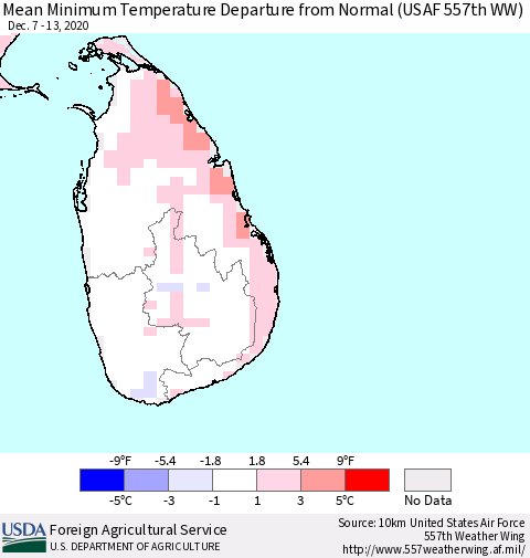 Sri Lanka Minimum Temperature Departure From Normal (USAF 557th WW) Thematic Map For 12/7/2020 - 12/13/2020