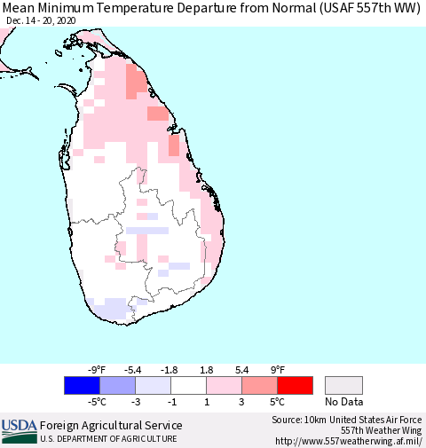 Sri Lanka Mean Minimum Temperature Departure from Normal (USAF 557th WW) Thematic Map For 12/14/2020 - 12/20/2020
