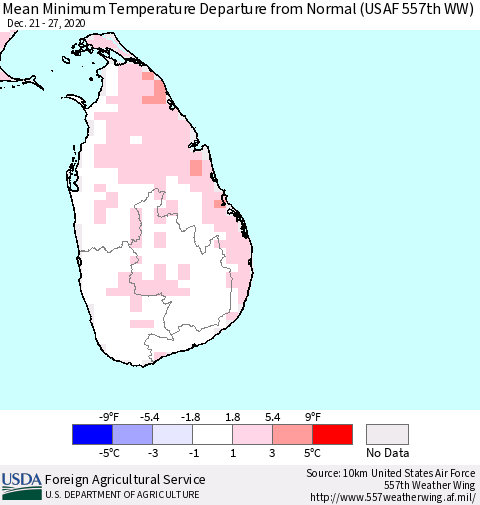 Sri Lanka Minimum Temperature Departure From Normal (USAF 557th WW) Thematic Map For 12/21/2020 - 12/27/2020