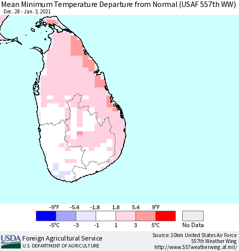 Sri Lanka Mean Minimum Temperature Departure from Normal (USAF 557th WW) Thematic Map For 12/28/2020 - 1/3/2021