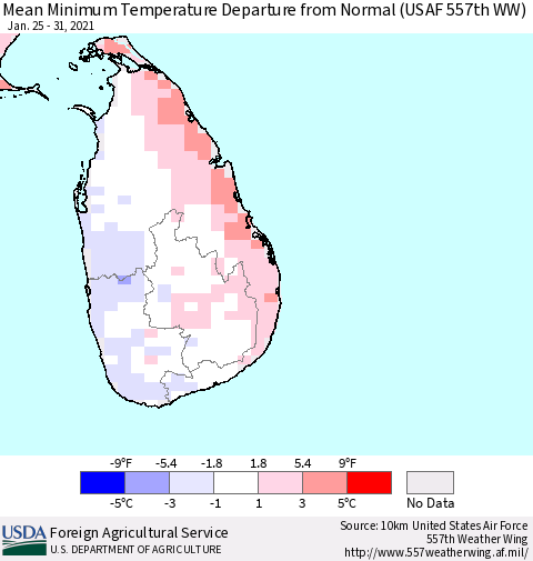 Sri Lanka Mean Minimum Temperature Departure from Normal (USAF 557th WW) Thematic Map For 1/25/2021 - 1/31/2021