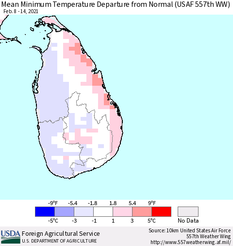 Sri Lanka Mean Minimum Temperature Departure from Normal (USAF 557th WW) Thematic Map For 2/8/2021 - 2/14/2021