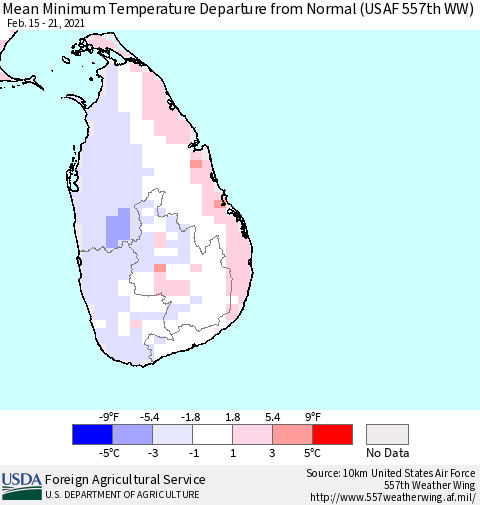 Sri Lanka Mean Minimum Temperature Departure from Normal (USAF 557th WW) Thematic Map For 2/15/2021 - 2/21/2021