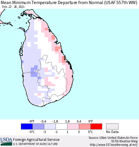 Sri Lanka Mean Minimum Temperature Departure from Normal (USAF 557th WW) Thematic Map For 2/22/2021 - 2/28/2021