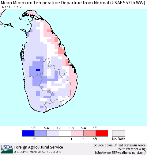 Sri Lanka Minimum Temperature Departure From Normal (USAF 557th WW) Thematic Map For 3/1/2021 - 3/7/2021