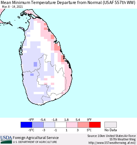 Sri Lanka Minimum Temperature Departure From Normal (USAF 557th WW) Thematic Map For 3/8/2021 - 3/14/2021