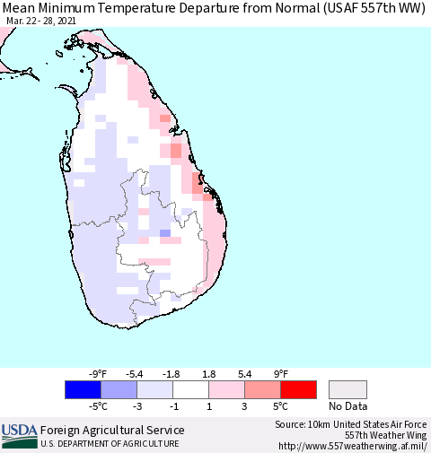 Sri Lanka Minimum Temperature Departure From Normal (USAF 557th WW) Thematic Map For 3/22/2021 - 3/28/2021
