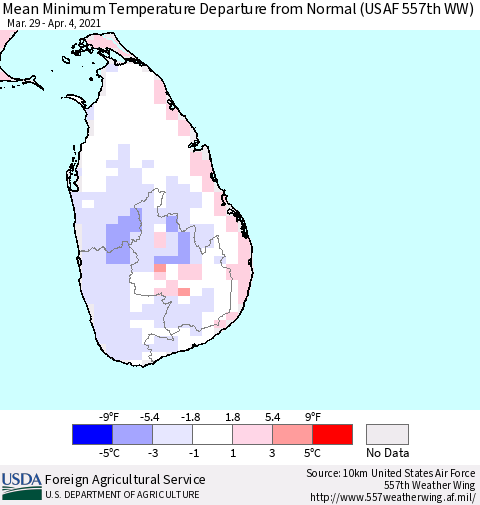 Sri Lanka Mean Minimum Temperature Departure from Normal (USAF 557th WW) Thematic Map For 3/29/2021 - 4/4/2021