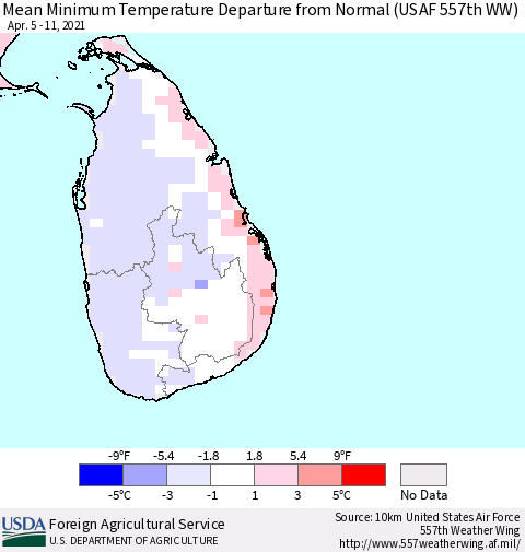 Sri Lanka Mean Minimum Temperature Departure from Normal (USAF 557th WW) Thematic Map For 4/5/2021 - 4/11/2021