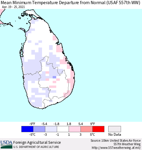 Sri Lanka Mean Minimum Temperature Departure from Normal (USAF 557th WW) Thematic Map For 4/19/2021 - 4/25/2021