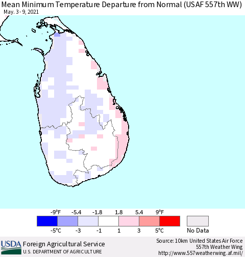 Sri Lanka Mean Minimum Temperature Departure from Normal (USAF 557th WW) Thematic Map For 5/3/2021 - 5/9/2021