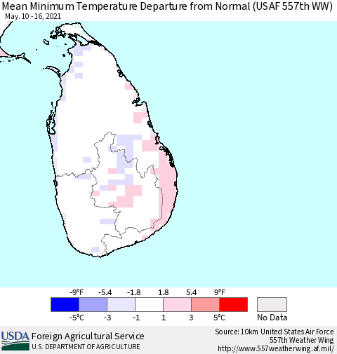 Sri Lanka Mean Minimum Temperature Departure from Normal (USAF 557th WW) Thematic Map For 5/10/2021 - 5/16/2021