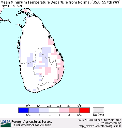 Sri Lanka Minimum Temperature Departure From Normal (USAF 557th WW) Thematic Map For 5/17/2021 - 5/23/2021