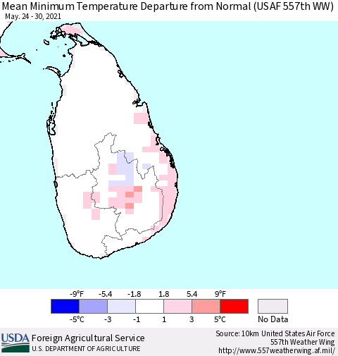 Sri Lanka Minimum Temperature Departure from Normal (USAF 557th WW) Thematic Map For 5/24/2021 - 5/30/2021