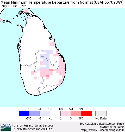Sri Lanka Minimum Temperature Departure From Normal (USAF 557th WW) Thematic Map For 5/31/2021 - 6/6/2021
