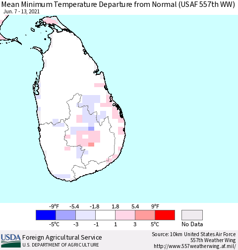 Sri Lanka Minimum Temperature Departure From Normal (USAF 557th WW) Thematic Map For 6/7/2021 - 6/13/2021