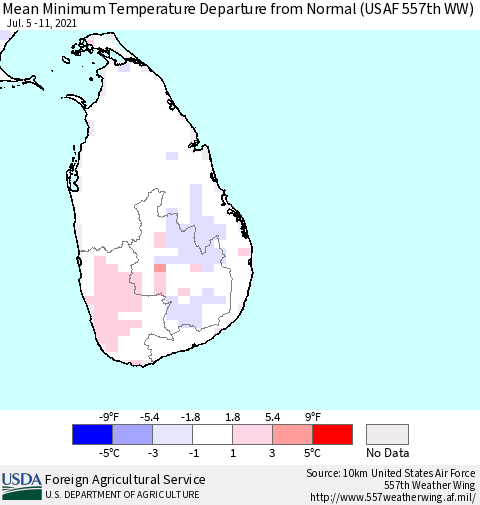 Sri Lanka Mean Minimum Temperature Departure from Normal (USAF 557th WW) Thematic Map For 7/5/2021 - 7/11/2021