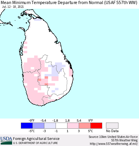 Sri Lanka Minimum Temperature Departure From Normal (USAF 557th WW) Thematic Map For 7/12/2021 - 7/18/2021