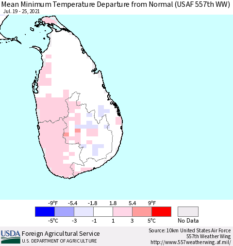 Sri Lanka Minimum Temperature Departure from Normal (USAF 557th WW) Thematic Map For 7/19/2021 - 7/25/2021