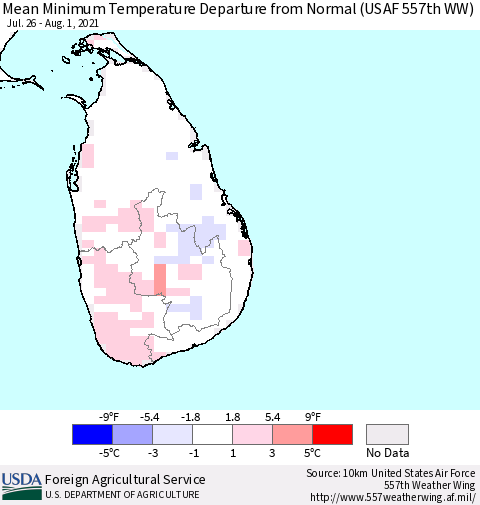 Sri Lanka Minimum Temperature Departure From Normal (USAF 557th WW) Thematic Map For 7/26/2021 - 8/1/2021