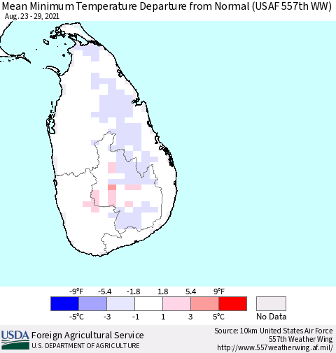 Sri Lanka Minimum Temperature Departure from Normal (USAF 557th WW) Thematic Map For 8/23/2021 - 8/29/2021