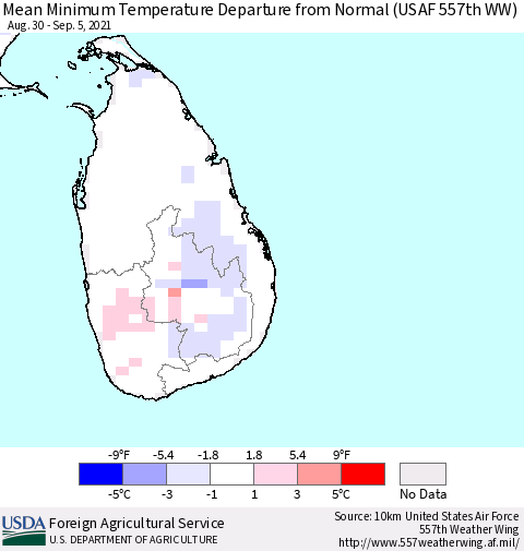 Sri Lanka Mean Minimum Temperature Departure from Normal (USAF 557th WW) Thematic Map For 8/30/2021 - 9/5/2021
