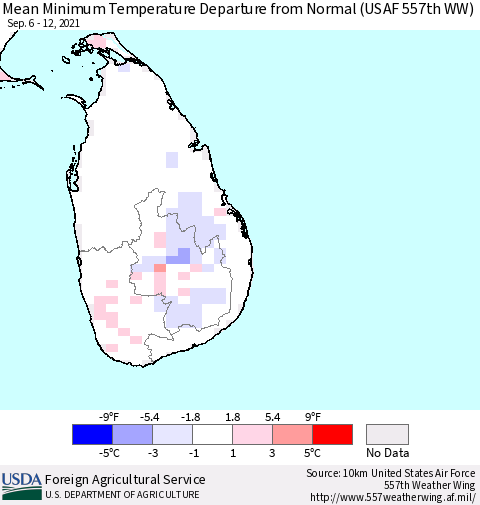 Sri Lanka Mean Minimum Temperature Departure from Normal (USAF 557th WW) Thematic Map For 9/6/2021 - 9/12/2021