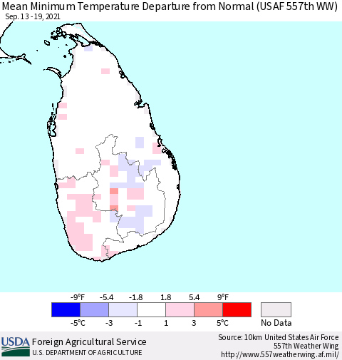 Sri Lanka Mean Minimum Temperature Departure from Normal (USAF 557th WW) Thematic Map For 9/13/2021 - 9/19/2021