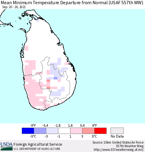 Sri Lanka Mean Minimum Temperature Departure from Normal (USAF 557th WW) Thematic Map For 9/20/2021 - 9/26/2021