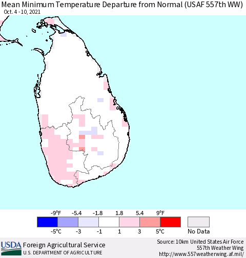 Sri Lanka Minimum Temperature Departure From Normal (USAF 557th WW) Thematic Map For 10/4/2021 - 10/10/2021