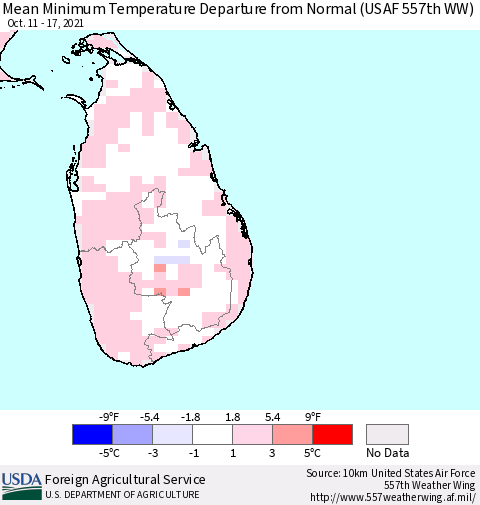Sri Lanka Mean Minimum Temperature Departure from Normal (USAF 557th WW) Thematic Map For 10/11/2021 - 10/17/2021