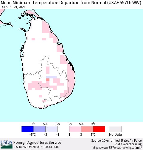 Sri Lanka Minimum Temperature Departure From Normal (USAF 557th WW) Thematic Map For 10/18/2021 - 10/24/2021