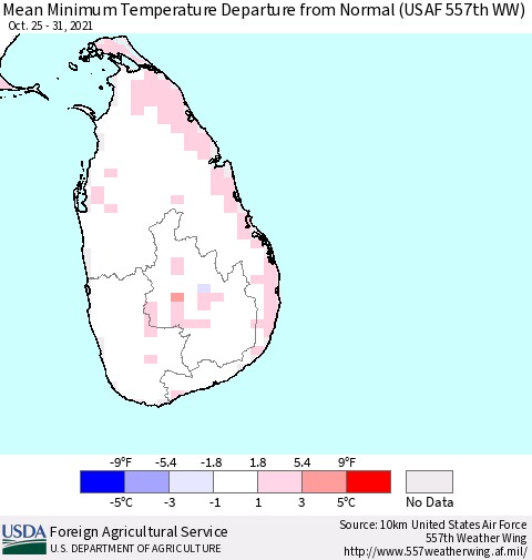 Sri Lanka Minimum Temperature Departure from Normal (USAF 557th WW) Thematic Map For 10/25/2021 - 10/31/2021