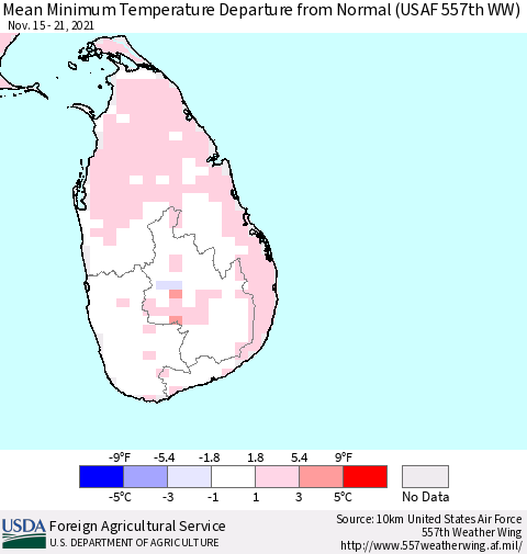 Sri Lanka Mean Minimum Temperature Departure from Normal (USAF 557th WW) Thematic Map For 11/15/2021 - 11/21/2021