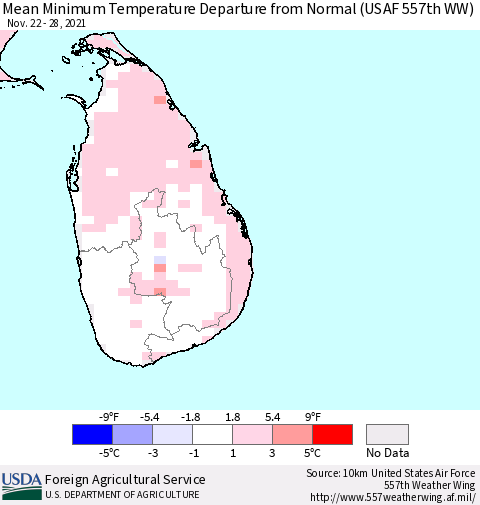 Sri Lanka Minimum Temperature Departure From Normal (USAF 557th WW) Thematic Map For 11/22/2021 - 11/28/2021