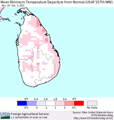Sri Lanka Mean Minimum Temperature Departure from Normal (USAF 557th WW) Thematic Map For 11/29/2021 - 12/5/2021
