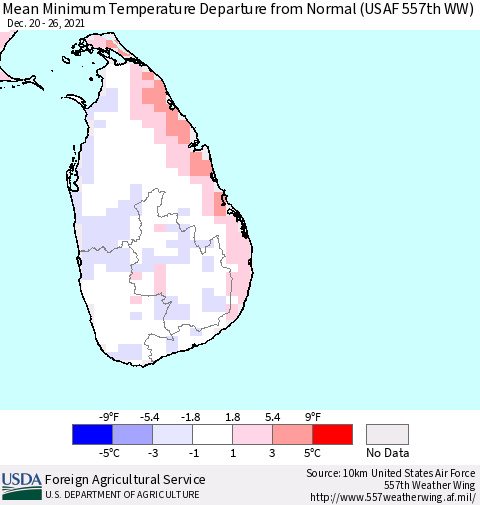 Sri Lanka Mean Minimum Temperature Departure from Normal (USAF 557th WW) Thematic Map For 12/20/2021 - 12/26/2021