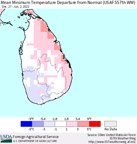 Sri Lanka Mean Minimum Temperature Departure from Normal (USAF 557th WW) Thematic Map For 12/27/2021 - 1/2/2022