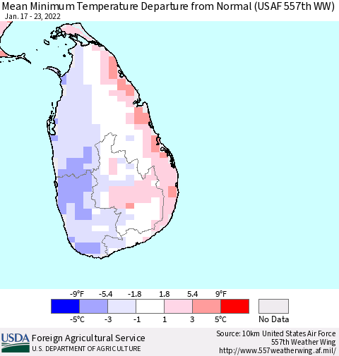 Sri Lanka Mean Minimum Temperature Departure from Normal (USAF 557th WW) Thematic Map For 1/17/2022 - 1/23/2022