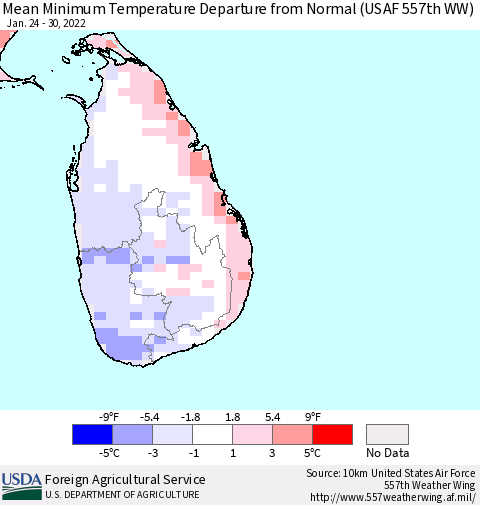 Sri Lanka Mean Minimum Temperature Departure from Normal (USAF 557th WW) Thematic Map For 1/24/2022 - 1/30/2022