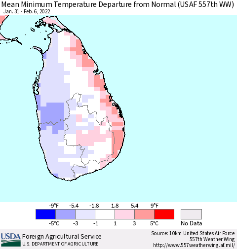 Sri Lanka Mean Minimum Temperature Departure from Normal (USAF 557th WW) Thematic Map For 1/31/2022 - 2/6/2022