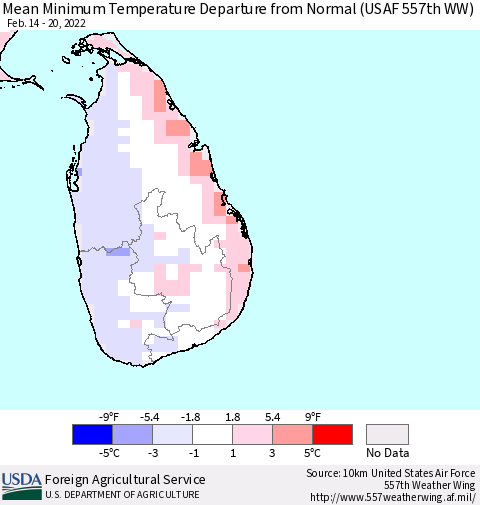 Sri Lanka Mean Minimum Temperature Departure from Normal (USAF 557th WW) Thematic Map For 2/14/2022 - 2/20/2022